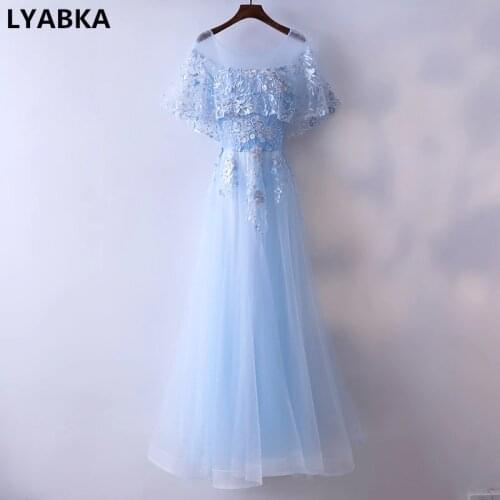 Evening Dress Robe De Soiree 2019 New Abiye Half Sleeve Prom Dress Scoop Neck Light Blue Tulle Evening Dresses Vestido De Festa
