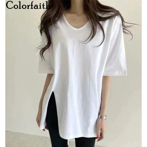 Colorfaith New 2021 Women Summer T-shirt Bottoming Basic Soild Fashionable Minimalist Split Wild Lady White Oversize Tops T2457