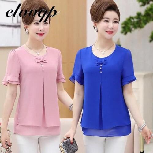 Plus Size 5XL Middle Age Women Summer Chiffon Blouse Fashion Mother Clothes Female Cosy Fake Two Piece T-shirt Tops 2021 New