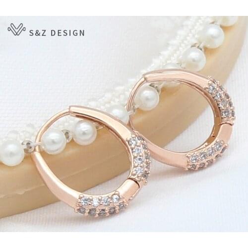 S&Z DESIGN Hot Simple Stylish Women Drop Earrings 585 Rose Gold Shiny White Cubic Zircon Female Dangle Earring Fashion Jewelry