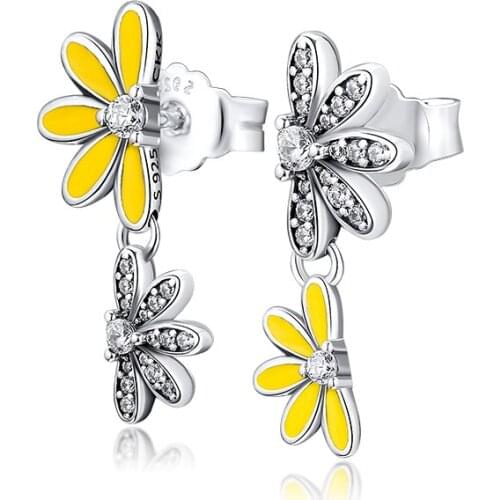 CKK 925 Sterling Silver Shimmering Daisy Floral Earrings for Women Earings Fashion Statement Jewelry Pendientes