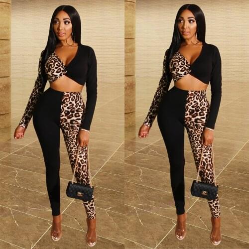 Female Two Pieces Outfits Casual Long Sleeve Sexy V-Neck Crop Top&Leopard Printed Long Pants Womens 2 Piece Set Fall Lounge Wear