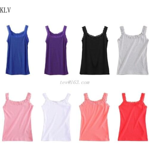 Women Summer Sleeveless Tank Top U-Neck Slim Fit Basic Camis Vest Lace Trim Bright Solid Candy Color Ribbed Knit Bottoming Shirt