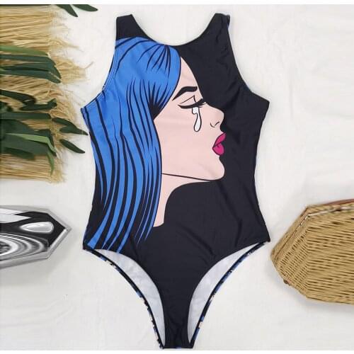 25# Abstract Graffiti Bikini Women Printed Monokini Wide Straps Backless Swimwear Women High Waist Swimsuit Купальник Женский