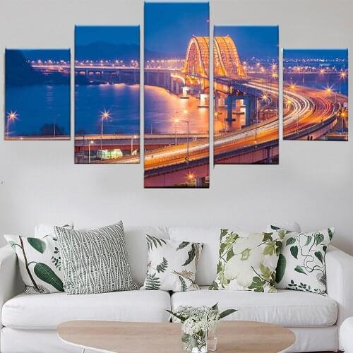 5 Pieces Wall Art Canvas Painting City Landscape Poster Night View Lights Bridge Modern Home Modular Pictures Decoration