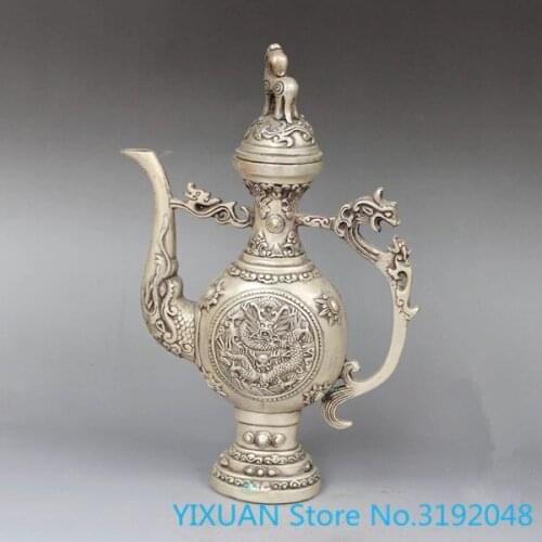 Artesanías de metal de tetera de dragón de cobre y plata Vintage de Tíbet de China