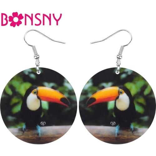 Bonsny Acrylic Round Black Toucans Earrings Big Cute Bird Animal Dangle Drop Jewelry For Women Kid Teen Novelty Gift Accessories