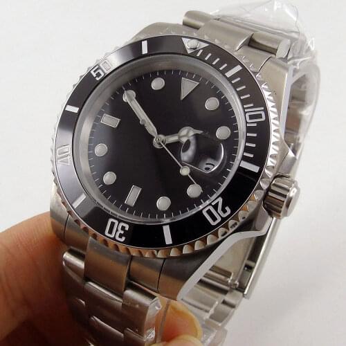 Black Sterile Steel Business Automatic Men Wristwatch 24 Jewels NH35 MIYOTA 8215 Magnifier Clear Glass Back Ceramic Insert