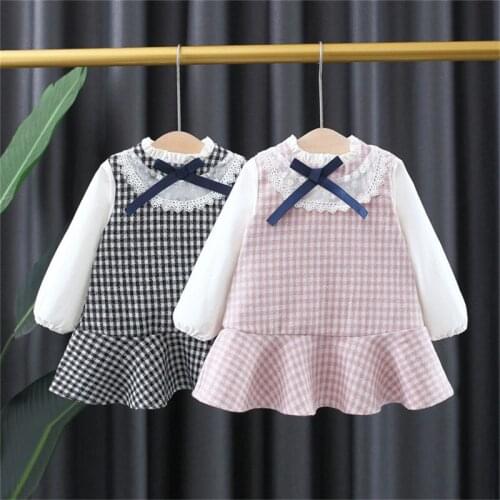 Autumn Baby Girls Long Sleeve Lace Bow Patchwork Houndstooth Print Princess Children Kids Pleated Preppy Style Dress Vestidos