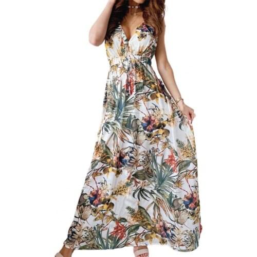 Leisure Bohemian Style Women Dress Deep V Neck Backless Leaf Floral Print Sleeveless Maxi Dress Streetwear for Party