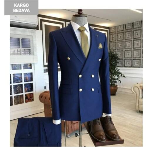 Double Breasted Blue Tuxedo Men Suits for Wedding 2 Pieces Business Suit Blazer Peaked Lapel Costume Homme Terno Party Suits