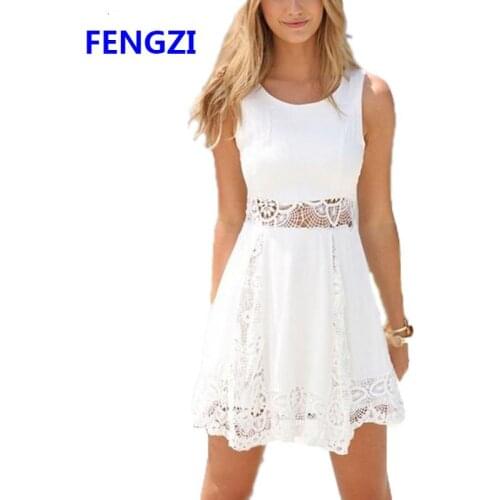 FENGZI 2021 Summer Style White Dress Women Casual Solid Lace Strapless Sexy A-line Short Mini Dresses Vestidos