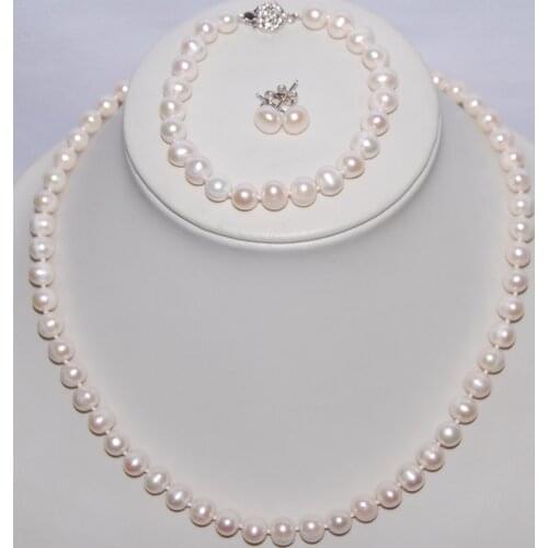 3 color Natural Freshwater Pearl Jewelry Set, 8-9mm Pearl Necklace/Bracelet/Earrings Set, Fashion Bridal Jewelry Set