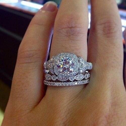 WUKALO New Silver Color wedding Rings set 3 in 1 band ring for Women engagement bridal fashion jewelry