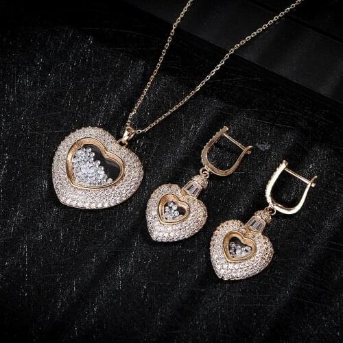 NEW Luxury Heart Pendant Lovers Cubic Zircon CZ For Women Wedding Dubai Gold Bridal Jewelry Sets D1256