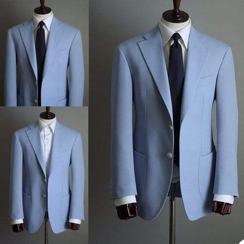 New Light Sky Blue Slim Fit Mens Prom Suits Notched Lapel Groomsmen Beach Wedding Tuxedos For Men Blazers 1 Piece
