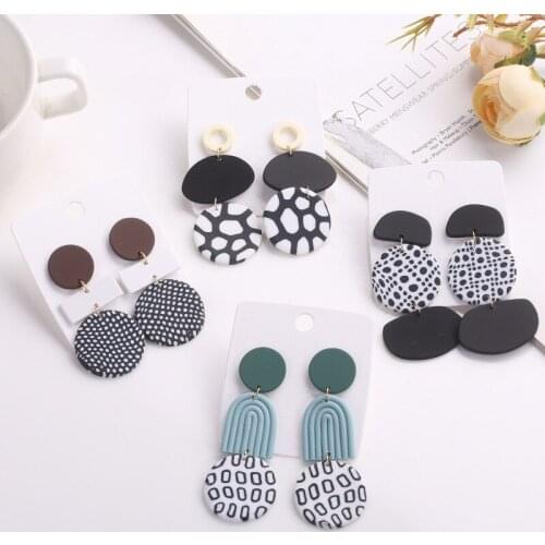 New Unusual Black White Dots Polymer Clay Earrings for Women Geometric Irregular Long Dangle Earrings Handmade Jewelry