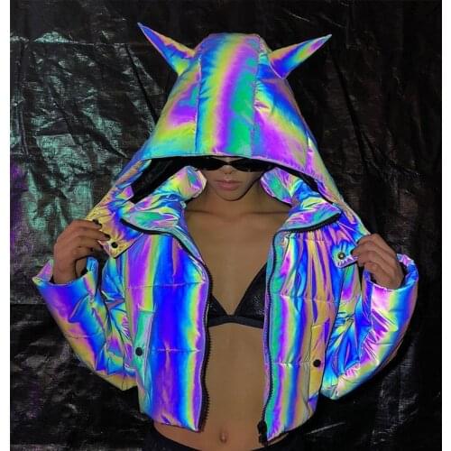 2020 New Women’s Reflective Hooded Parkas Fashion Long-sleeved Zipper Loose Short Cotton Coat Personality Color Streetwear