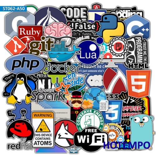 50pcs Programmer Internet Java Stickers Geek Php Docker Html Bitcoin Programming Language for Mobile Phone Laptop Decal Stickers