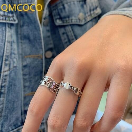 QMCOCO 925 Silver Vintage Wide Finger Rings New INS Fashion Cute Punk Fishs Geometry Birthday Party Jewelry Gifts For Woman