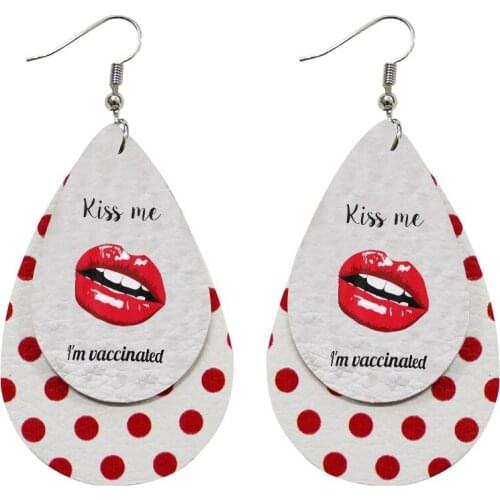 Nickel-Free Kiss Me I'm Vaccinated Earrings Layers Glitter Faux Leather Teardrop Earrings Bulk Order Wholesale