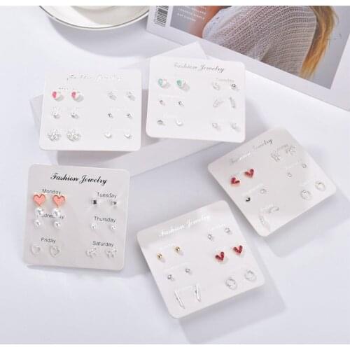 6 Pairs/set Imitation Pearls Earrings for Women Star Heart Crystal Stud Earrings Jewelry Monday To Saturday 6 Pairs Earring Gift