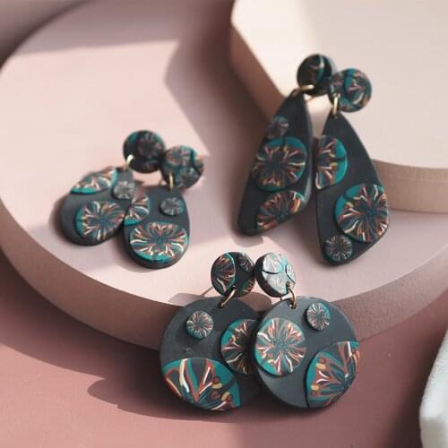 6 Shape Trendy mold Hoop Abstract Handmade Polymer Clay Floral Pattern Earrings Dangle Sets For Elegant Women Jewelry 2021