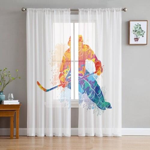 Watercolor Sport Hockey Player Curtain For Living Room Transparent Tulle Curtains Window Sheer For The Bedroom Accessories Decor