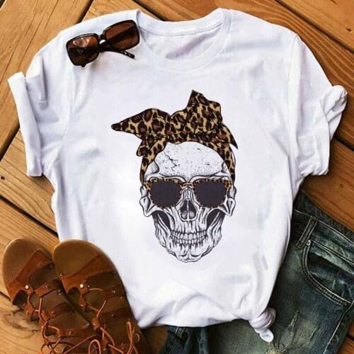 FIXSYS Harajuku Women T Shirt Flower Skull Print T-shirt Female Summer Short Sleeve Tee Tops Cute T-shirts 90s Girls White Tees