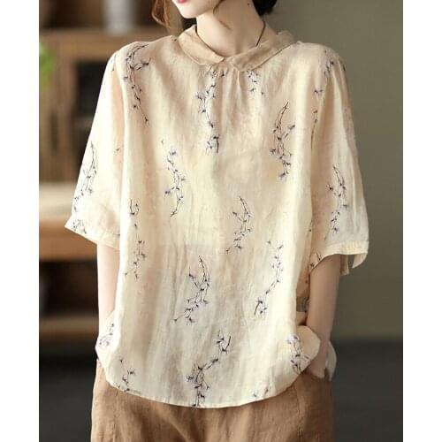 New Style Retro Floral Printed Ramie Shirt Female Summer Art Peter Pan Collar Loose Pullovers Vintage Soft Sweet Tops Blouses