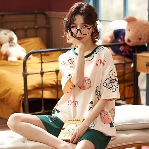 Cute Cartoon Print Sweet Girls Green O-Neck Nightwear Women Pajamas Sets Fot Summer Cotton Short Sleeve Shorts 2pcs Sleepwear