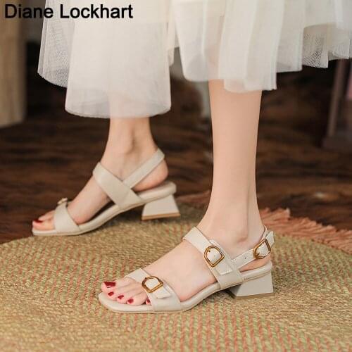 Beige Apricot Gladiator Sandals Women Summer Office Low Heels Shoes Woman Metal Detailed Buckle Strap Pumps Ladies Casual Shoes