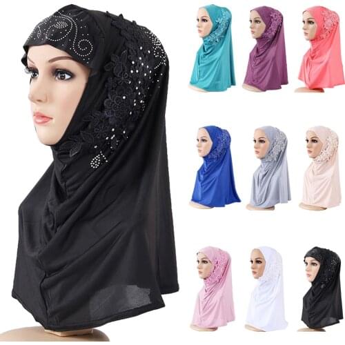 One Piece Amira Hijab Muslim Women Lace Headscarf Rhinestone Shawl Wrap Arab Islamic Prayer Hijabs Full Cover Scarf Ramadan Caps