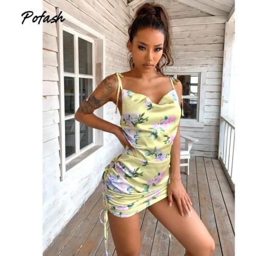 Pofash Floral Print Drawstring Mini Dress Women Spaghetti Strap Backless Sexy Ruched Bodycon Dress Female Summer Vestidos 2021