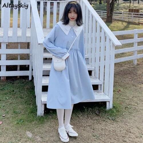 Simple Dress Women Long Sleeve Leisure Daily Sailor Collar Korean Version Preppy Style All-match Streetwear Fashion New Spring