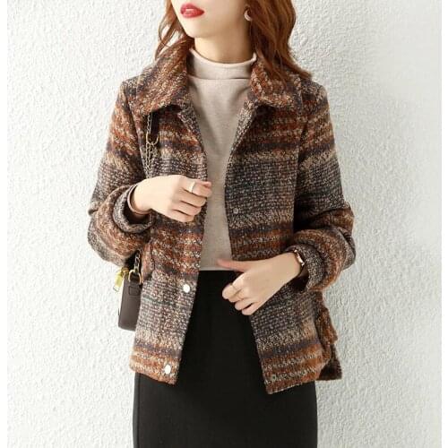 Woolen Coat Women Spring Autumn 2021 Plaid Temperament Korean Woolen Jackets Turn-Down Collar Fashion Outerwear Female