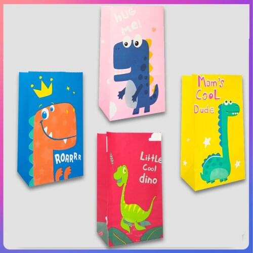 5 Pcs Cartoon Dinosaur Candy Bag Dino Porpcorn Bag Roar Jungle Dessert Kraft Paper Bag 1st Dinosaur Theme Parti Gift Bag
