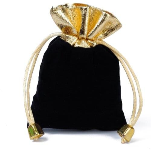 50pcs/Lot 9x12cm Jewelry Pouches Velour Black Velvet Gift Bags Golden Satin Can customized Logo Printing