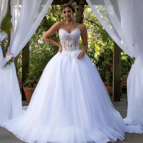 White 2021 Wedding Dresses Sweetheart Exposed Boning See Through Plus Size Bridal Gowns with Applique Lace Court Train