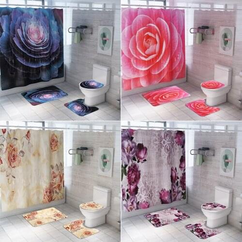 Bipoobee Pink Flowers Print Shower Curtain Carpet Cover Toilet Cover Bath Mat Pad Set Bathroom Curtains with 12 Hooks Home Decor