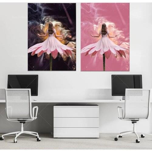 Poster girl floral decoration, poster woman nature, fantasy woman, art print womens pink flower HB painting, wall art poster