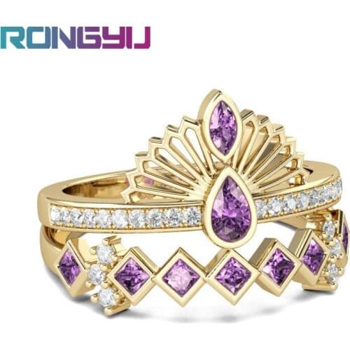 CZ Crystal Fashion Electroplate 18K Gold Crown Rings for Women Charm Purple Zircon Engagement Wedding Ring Nice Jewelry Gift