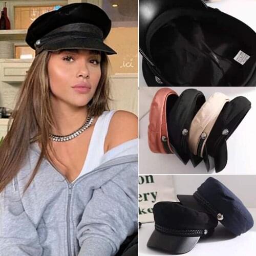 DT044 Fashion Women Men Military Hat Spring Autumn Sailor Hats Black Ladies Beret Caps Flat Top Captain Cap Travel Cadet Hat