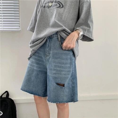 Summer 2021 New Retro Hole Loose Denim Shorts Womens High Waist Casual Thin Medium Length Five Point Short Pants Girls