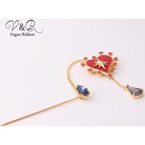 Enamel Love Heart Dangling Chain Stone Star Brooch Pin With Red Heart Black Stones Gold Filled Jewelry Accessories 2019 New Pins