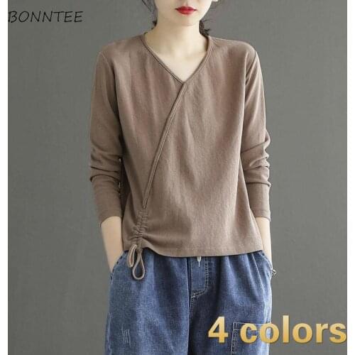 Long Sleeve T-shirts Women Drawstring Design Stylish Ins Teens Pure Casual V-Neck Aesthetic Ulzzang Oversized 4XL Clothes Female