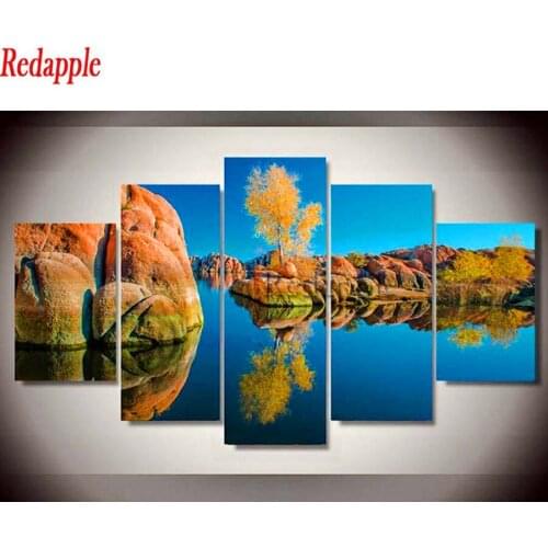 Diamond Embroidery Paintings Full Square round drill Mountain landscape with lake, big stone Cross Stitch Kit Mosaic Home Decor