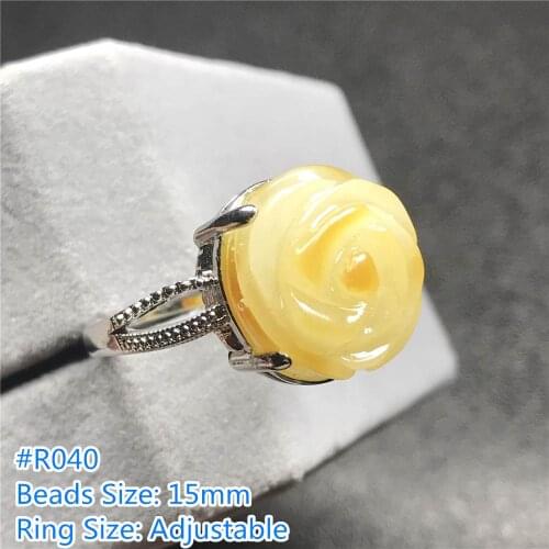 100% Natural Flower Carved Amber Ring Jewelry For Woman Lady Man Yellow Crystal Love Beads Silver Gemstone Adjustable Ring AAAAA