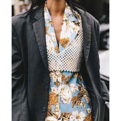 Glam Handmade Shine Woven Pearl Crop Top Fashion Chic All Over White Beading Tank Minimalist Sexy Deep V Plunge Dance Corset