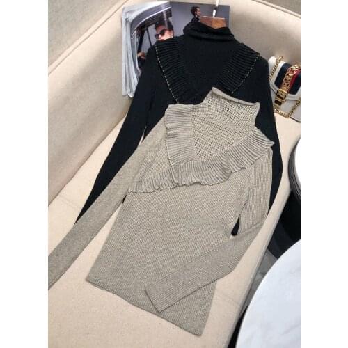 Fashion 2021 New Ladies Long Sleeve Sexy Casual Solid Color Turtleneck Hollow Ruffle Knit Sweater 1107